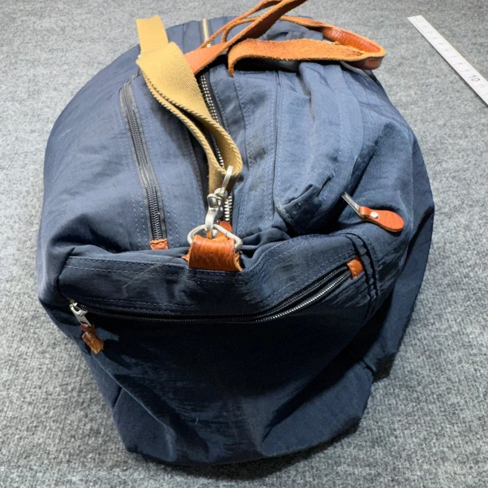 J Crew Harwick Duffle Bag Blue Brown Leather Trim Travel Weekender Overnight